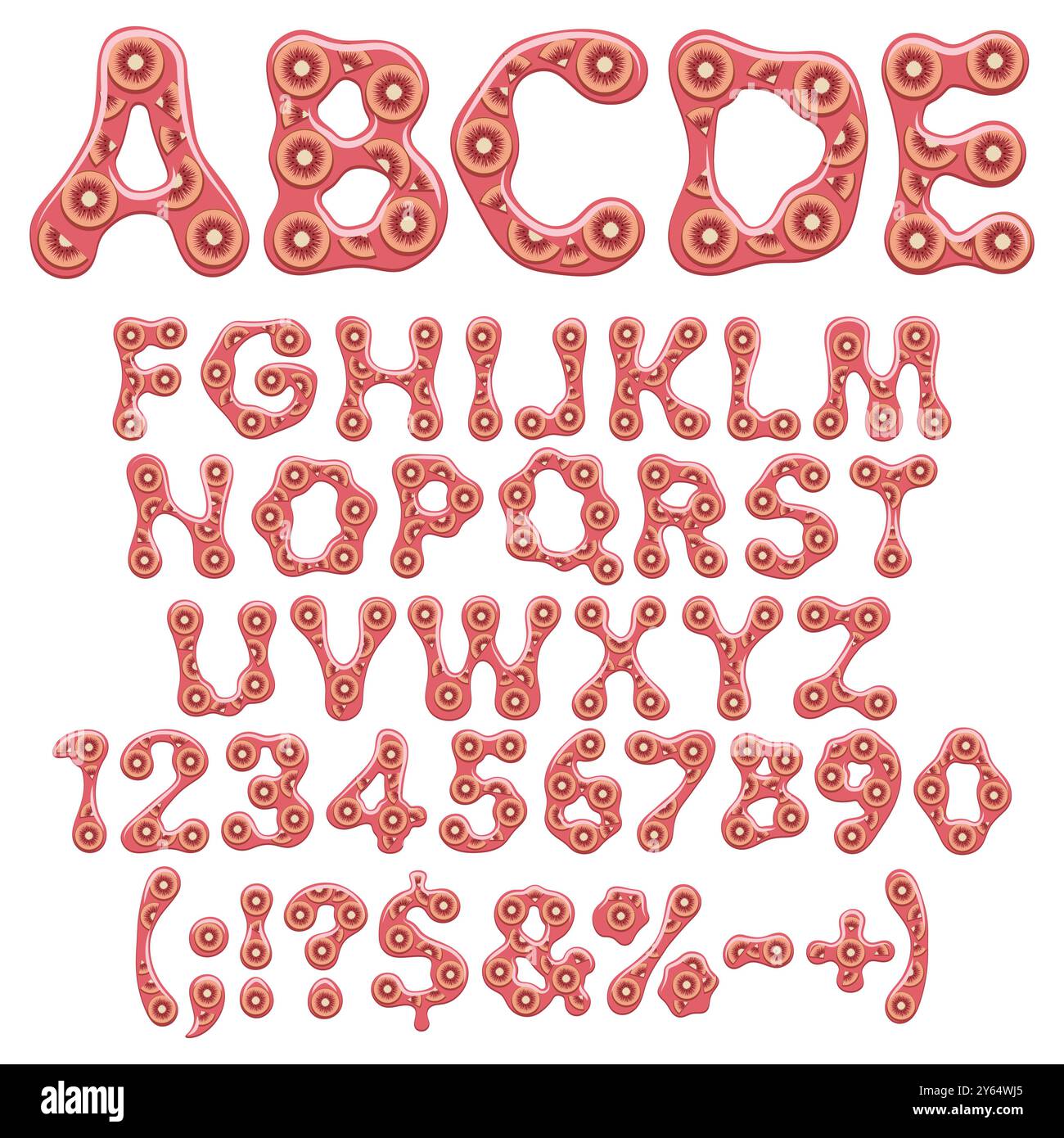 Alphabet, Buchstabe, Zahl und Zeichen aus rotem Gelee mit Kiwi-Scheiben. Isoliertes Vektorobjekt auf weißem Hintergrund. Stock Vektor