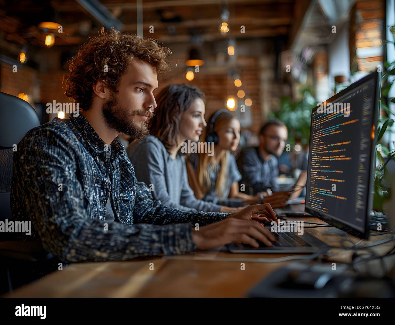 Eine vielfältige Gruppe von Entwicklern konzentrierte sich auf ihre Bildschirme und kodierte in einem modernen Arbeitsbereich gemeinsam. Die Szene zeigt Konzentration und Teamwork i Stockfoto