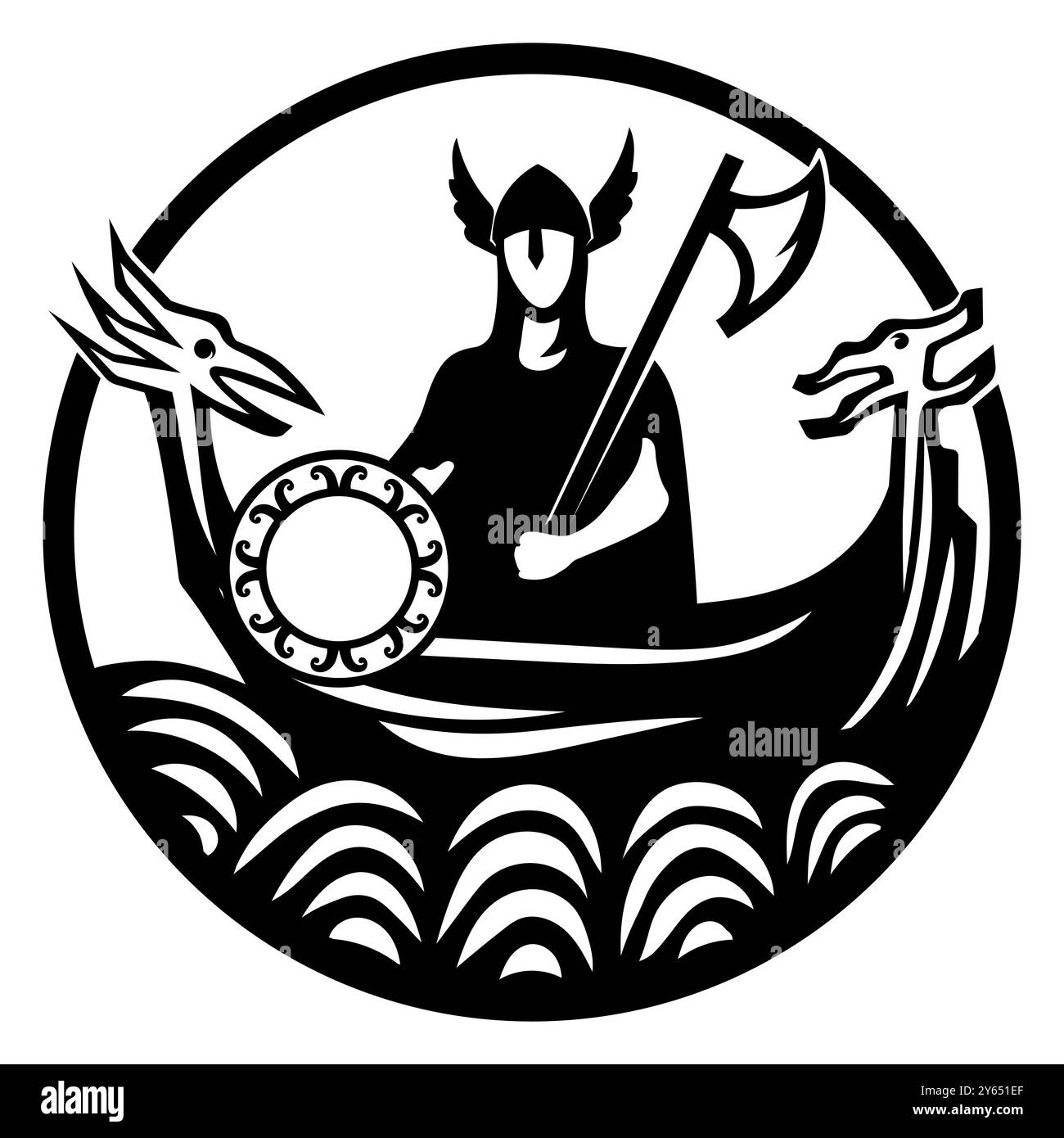 Design im altnordischen Stil. Alte nordische Krieger mit einer Axt auf dem Wikingerschiff Drakkar Stock Vektor