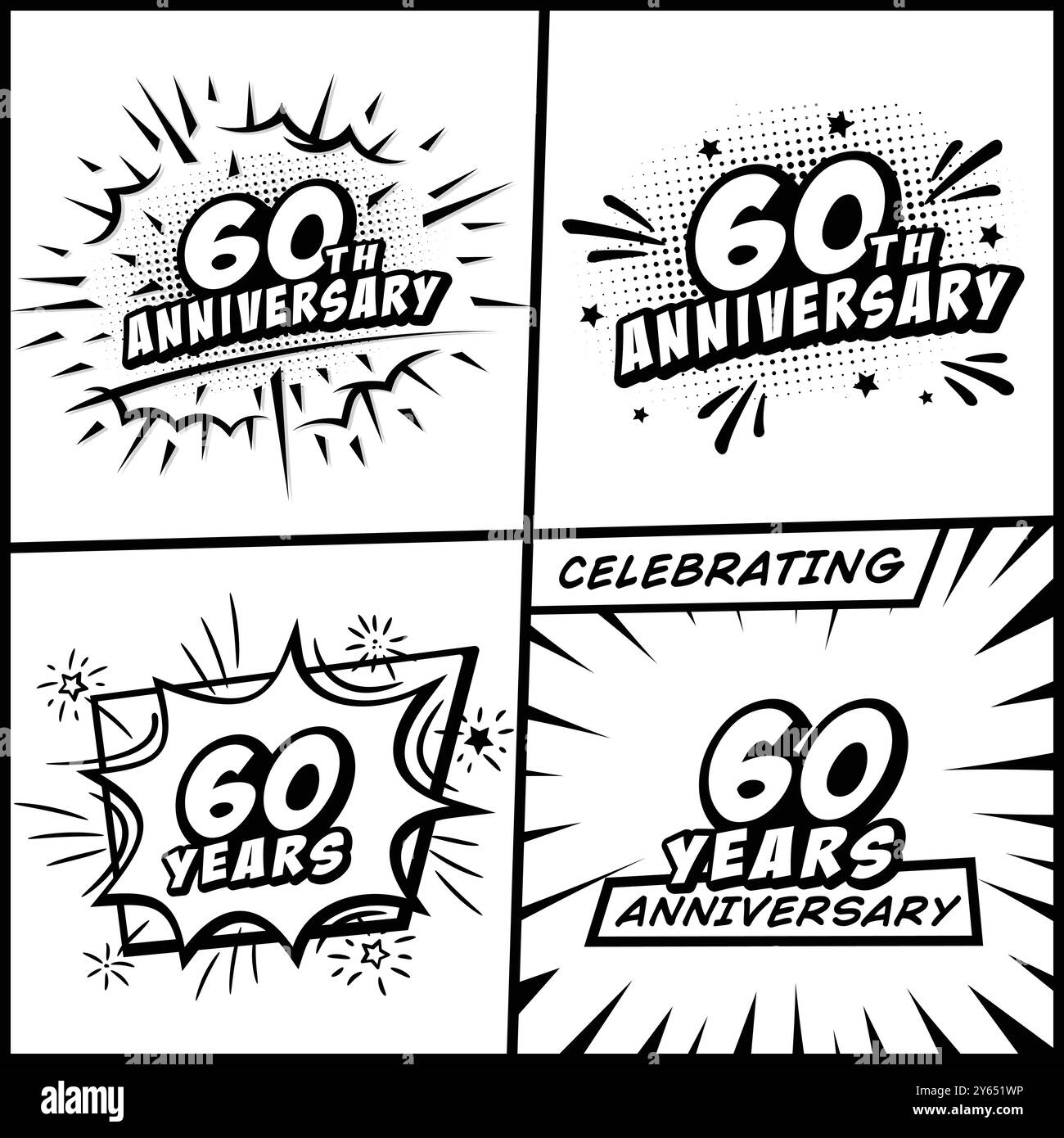 Logo-Kollektion zum 60-jährigen Jubiläum. Comic-Schriftzug zum 60-jährigen Jubiläum. Pop Art Stil Vektor und Illustration. Stock Vektor