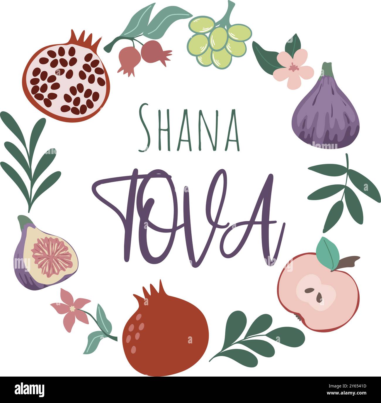 Glückwunschkarte für den Urlaub von Shana Tova. Runder Kranz aus Früchten, Blumen und Kräutern mit Glückwunsch. Kreisförmiges festliches Design für Juden Stock Vektor