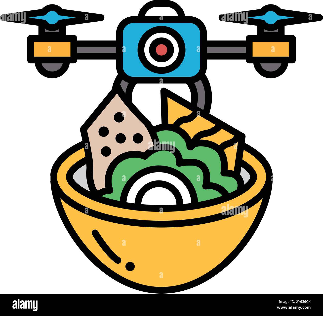 Eine Drohne schwebt über einer Schüssel Essen, einschließlich eines Stücks Brokkoli. Die Drohne ist mit einer Kamera ausgestattet, die auf das Essen gerichtet ist. Concep Stock Vektor