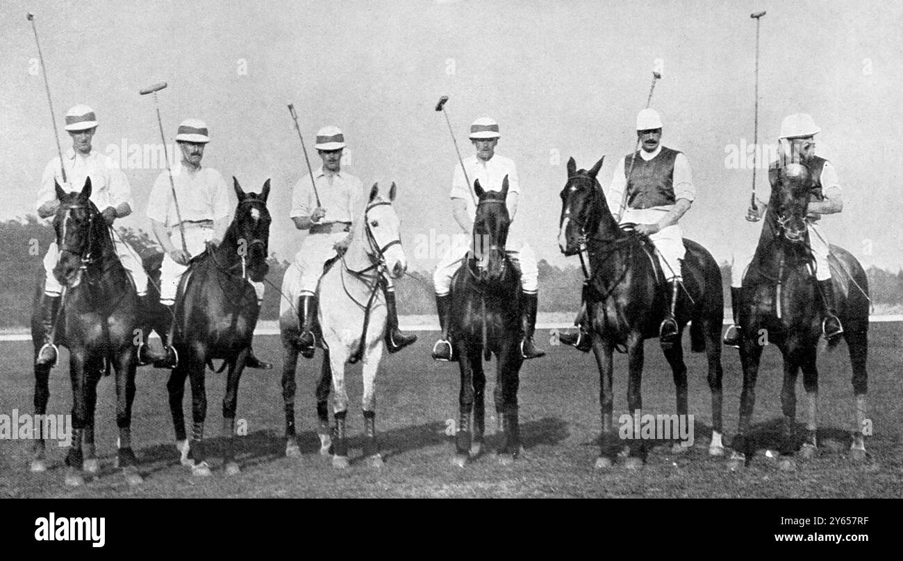 Internationaler Polo-Cup : die englischen Spieler: Captain Leslie Cheape , Captain Hardress Lloyd , Mr E W E Palmes , Mr Noel Edwards , Captain H Wilson und Captain Barrett . 3. Juni 1911 Stockfoto