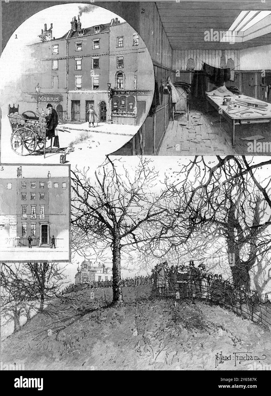 Greenwich Observatory bombardierte 1894 die Anarchistischen Verschwörer in London 1. The Automobile Club, Tottenham Court Road 2. Martial Bourdins Werkstatt, die er am Tag der Explosion verlassen hatte. Haus, in dem Bourdin lebte, 30 Fitzroy Street 4. Szene der Explosion im Greenwich Park das + bezeichnet den Ort, an dem Bourdin getötet wurde Stockfoto