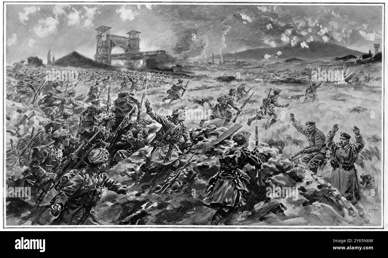 Schlacht von Loos mit Bombern, die den Krieg führen , britische Truppen schwärmen über die deutsche erste Linie und stürzen weiter in Richtung Loos , der "Tower Bridge" und Hügel 70 . 1915 WWI Stockfoto