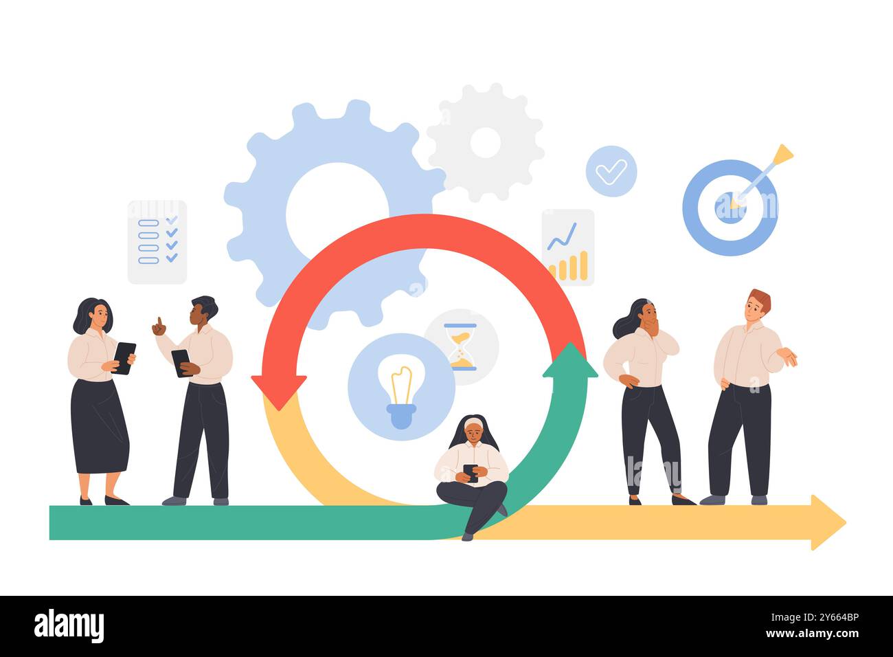 Agile Scrum-Methodik, flexible Geschäftsprozesse, Lebenszyklus für die Softwareentwicklung. Winzige Leute arbeiten, testen digitales Projekt an der Rotation zyklischer Fortschritt Pfeil Cartoon Vektor Illustration Stock Vektor