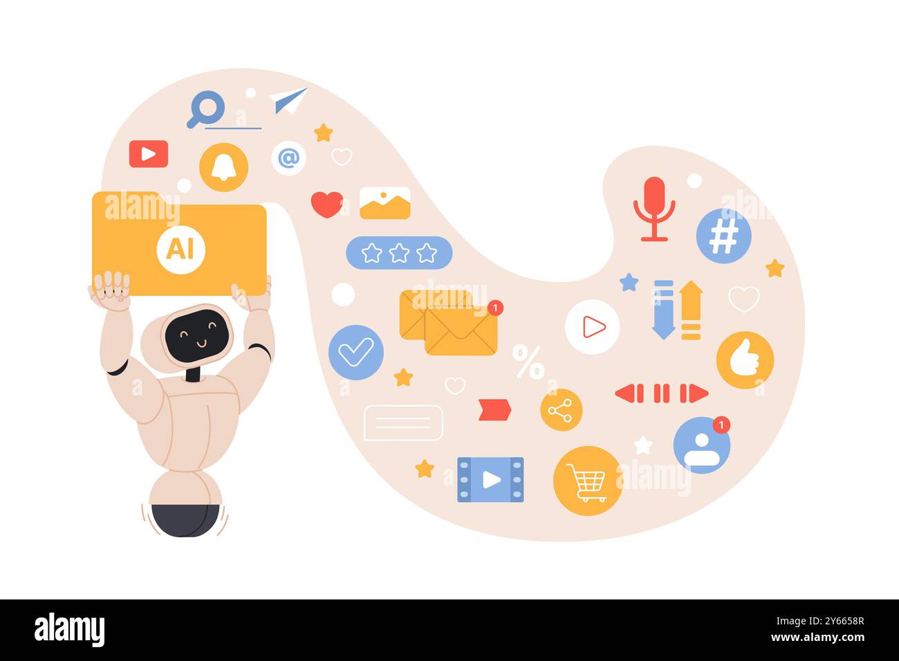 Informations- und digitaler Datenfluss aus generativer künstlicher Intelligenz. Niedlicher Roboter, der Ordner mit einer Welle von Social-Media-Nachrichten, Musik- und Videodateien hält, Blog-Inhalt Cartoon-Vektor-Illustration Stock Vektor