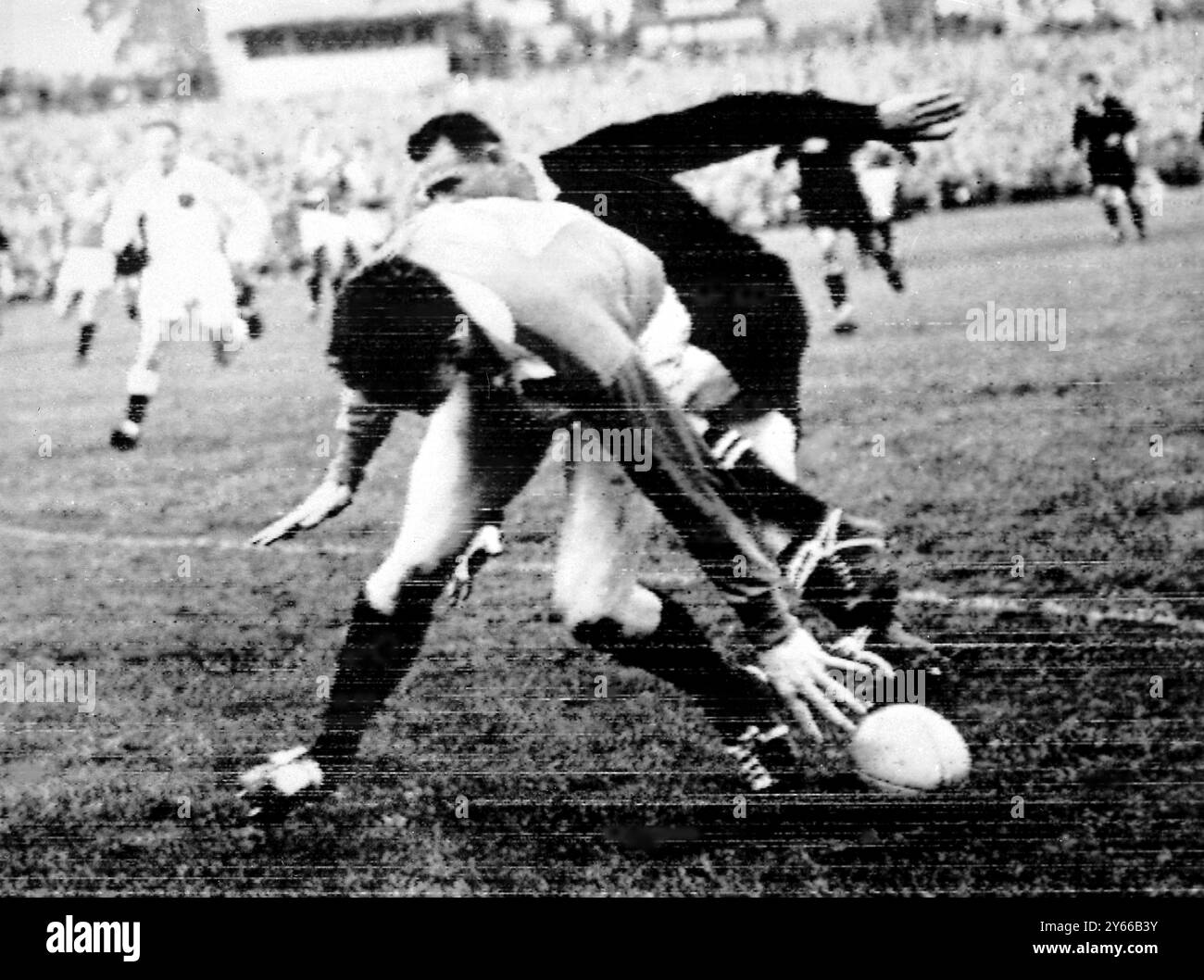 Dunedin, Neuseeland: Tony O’Reilly, der britische Isles-Flügel, erzielt den ersten Versuch für Lions gegen Neuseeland. Die Heimmannschaft gewann mit 18 Punkten zu 17. Juli 1959 Stockfoto