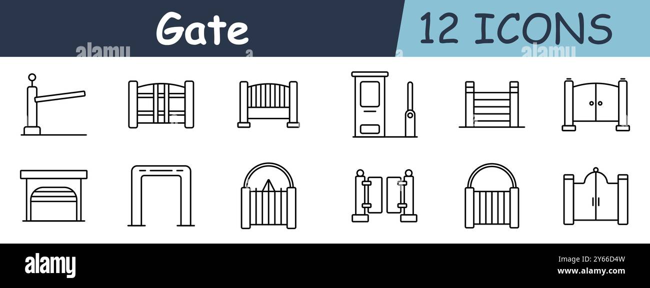 Symbol „Gate Set“. Holztore, Doppeltüren, Bauernhof-Tor, dekoratives Tor, Sicherheitstor, traditioneller Eingang. Eingänge, Zäune und Sicherheitszwecke Stock Vektor