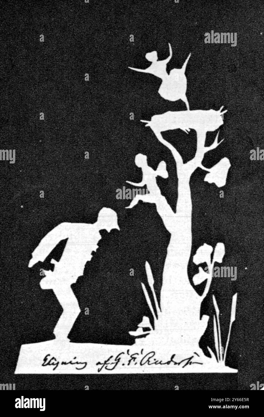 Papierfantasien von Hans Andersen Silhouette Märchen reproduziert aus „Hans Anderson der Mann“ ein weiteres Märchen erzählt von Hans Andersen in Papier Ein Zauberbaum und ein überraschter Sterblicher. Hans Christian Andersen, einer der größten Kindergeschichtenerzähler der Welt, wurde als Sohn eines armen Schuhmachers geboren und verbrachte einen Großteil seines frühen Lebens damit, eine formale Ausbildung zu erlangen. Schließlich erlaubte ihm die königliche Schirmherrschaft, eine weiterführende Schule zu besuchen und kurz darauf, 1830, wurde sein erster Gedichtband veröffentlicht. Er ist in der ganzen Welt berühmt für seine Kindermärchen Stockfoto