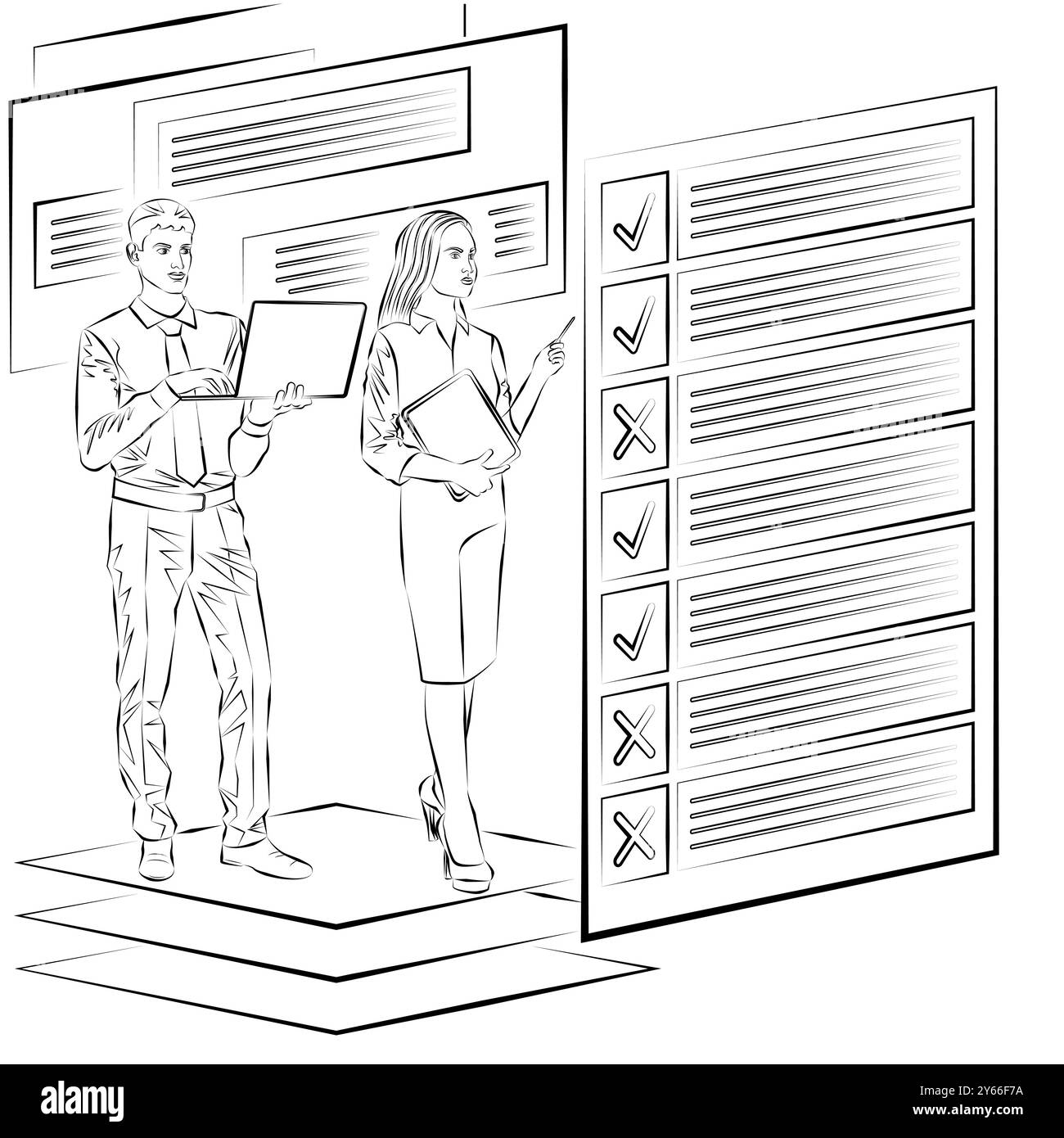 Männer und Frauen untersuchen die Ergebnisse der Umfrage, um Probleme im Entscheidungsprozess zu identifizieren und zu verstehen. Geschäftskonzept. Skizze. Vektorabbildung. Stock Vektor