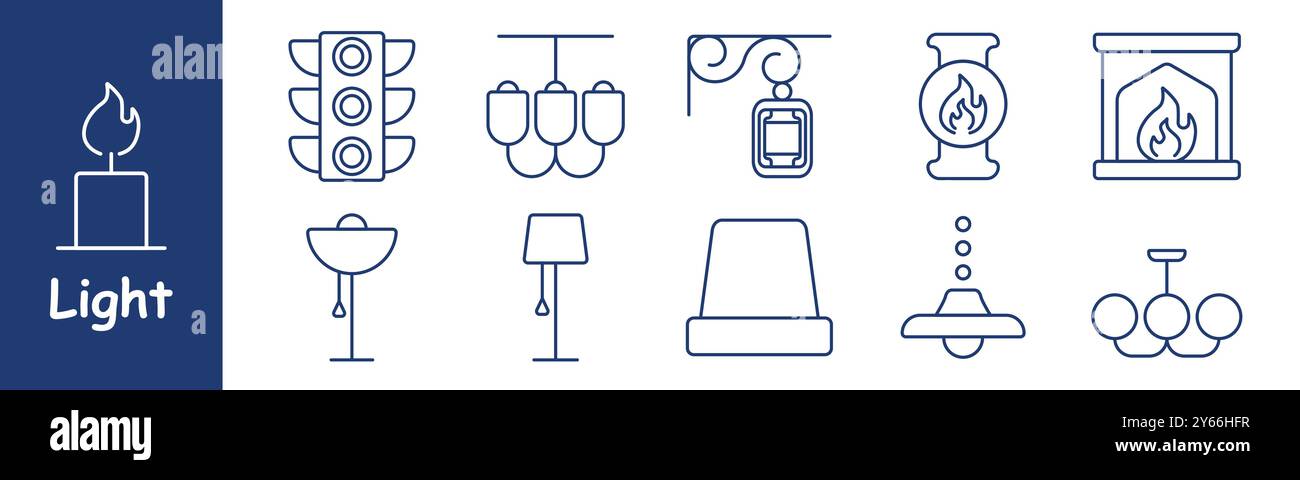 Symbol für Lichteinstellung. Kerze, Ampel, Kronleuchter, Hängelampe, Kamin, Stehlampe, Tischlampe, Deckenleuchte, Pendelleuchte, Kandelaber Stock Vektor