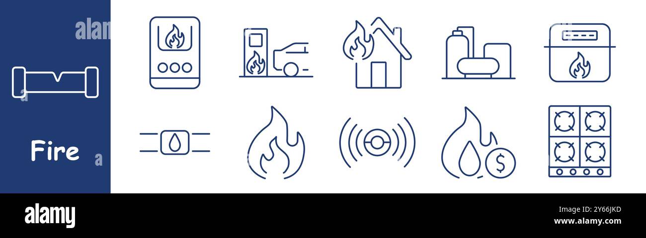 Symbol für Feuerstelle. Benzinpumpe, Haus mit Flammen, Propanganks, Herd, Feueralarm, Gaspipeline, Brandgefahr, Schutz, Brennstoffspeicher, Gasalarm, energ Stock Vektor