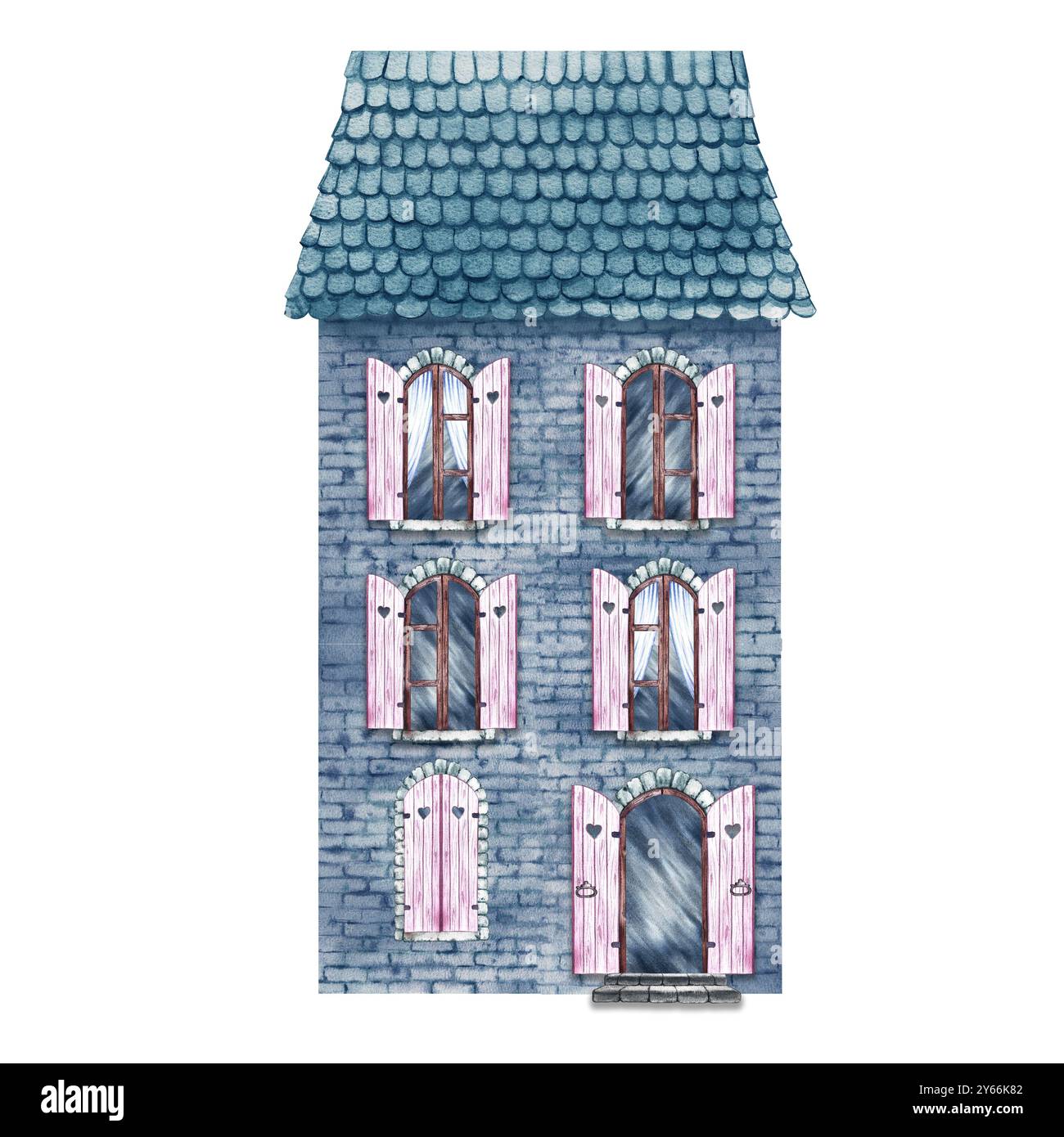 Ein altes Backsteinhaus mit Bogenfenstern, ein fabelhaftes, süßes, blaues dreistöckiges Haus im Vintage-Stil. Die Aquarellabbildung wird von Hand erstellt. Für p Stockfoto