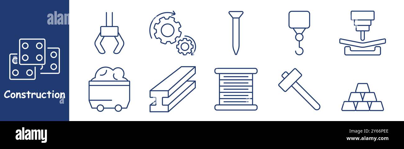 Symbol Construction Set. Kran, Zahnräder, Nagel, Haken, Stahlträger, Hammer, Metallblech, Materialien, Bergbauwagen, Montage, Fertigungsprozess, Gebäude m Stock Vektor