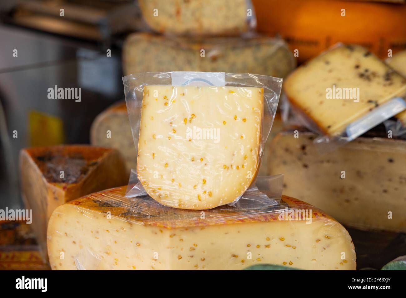 Käse in Folie geschrumpft, zum Verkauf an einem Marktstand angeboten. Käse in Folie geschrumpft, zum Verkauf an einem Marktstand angeboten. Haagse Market in den Haag, Niederlande. niederlande den haag Markt B97A6993 Stockfoto