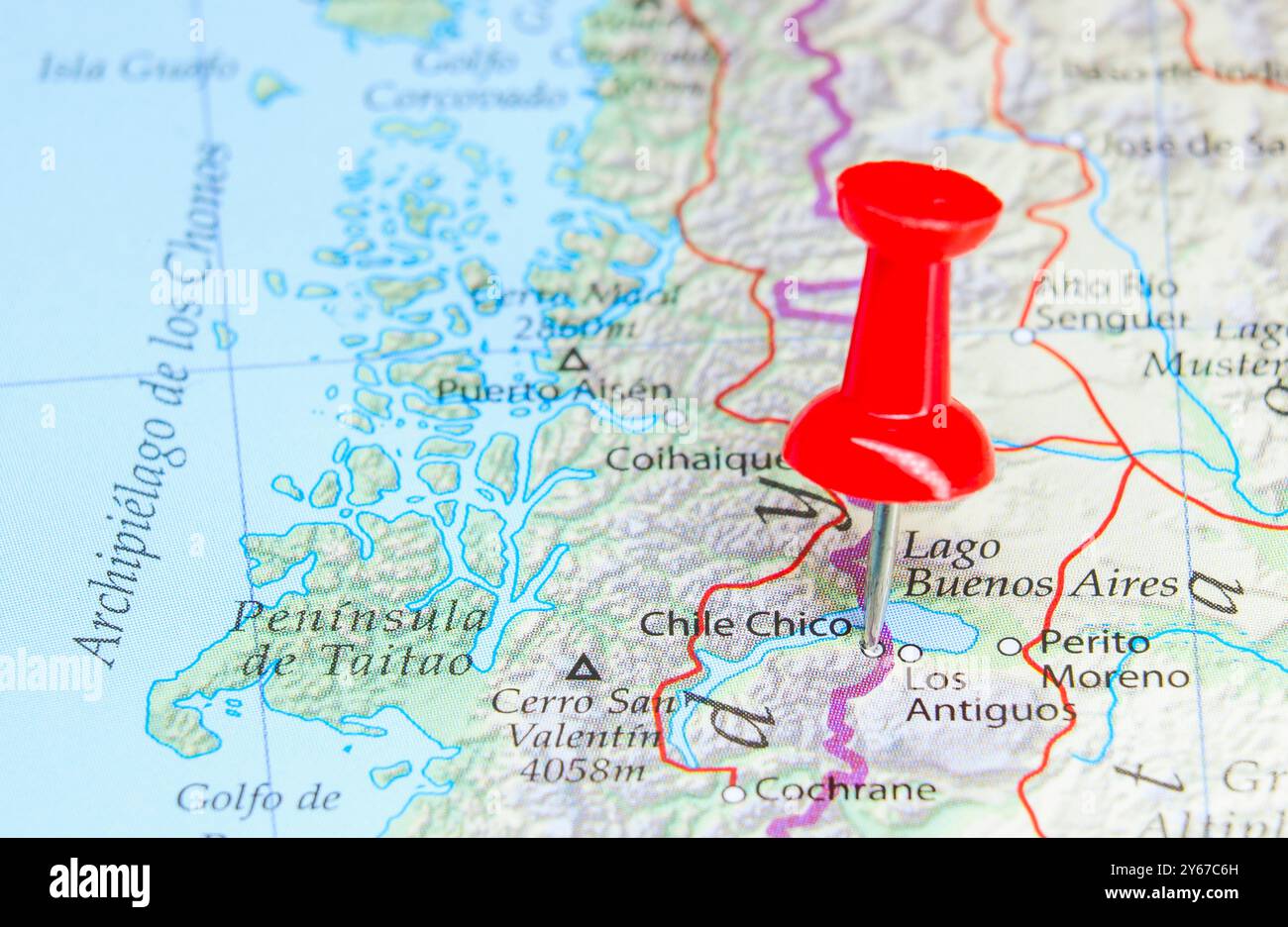 Chile Chico, Chile Pin auf der Karte Stockfoto