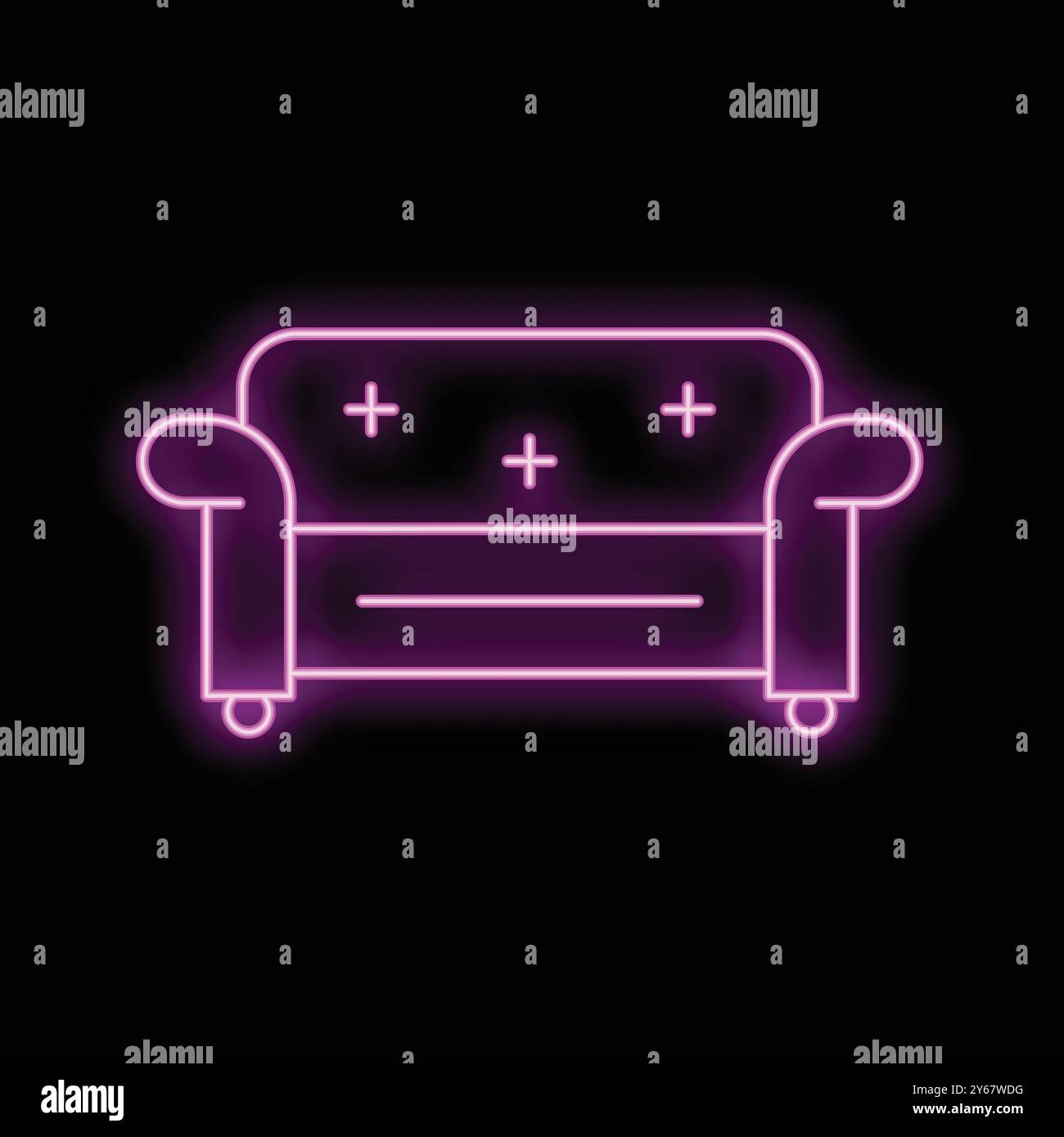 Violettes Neonschild in Form eines Sofas, das auf schwarzem Hintergrund leuchtet Stock Vektor