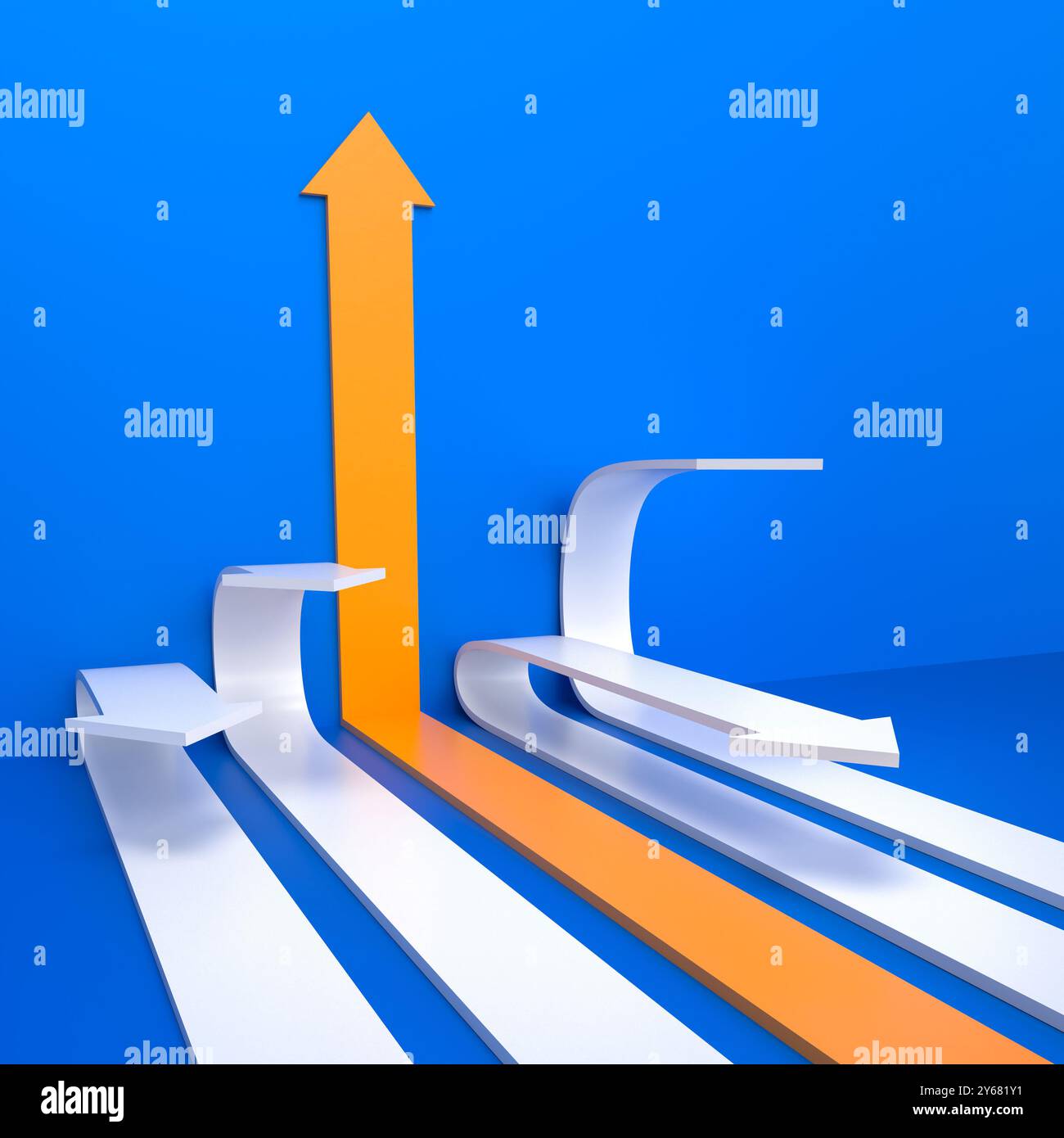 Der orangefarbene Pfeil zeigt nach oben, vorbei an vielen anderen weiß, ein anderes Denkkonzept. 3D Stockfoto