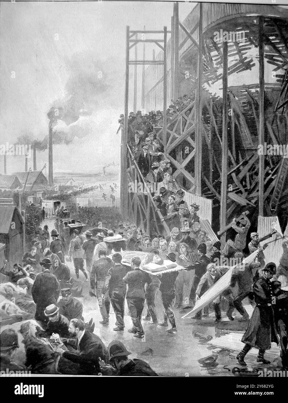 Die schreckliche Katastrophe beim internationalen Fußballspiel im Ibrox Park Glasgow. April 1902. Stockfoto