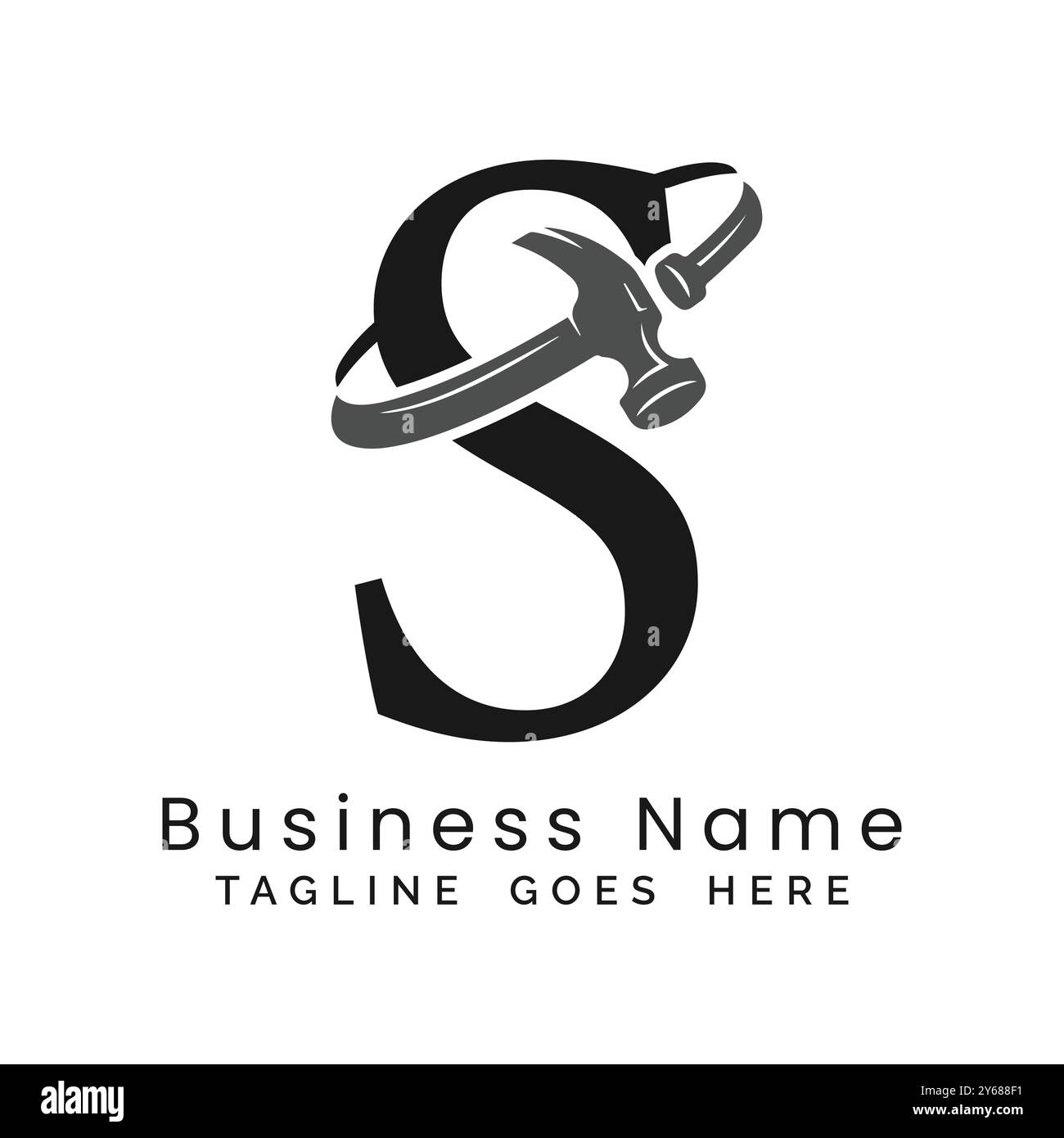 S Letter Logo Konstruktionsvektor für Holzbearbeitungsunternehmen. Abbildung der alphabetischen S-Hammerschablone Stock Vektor