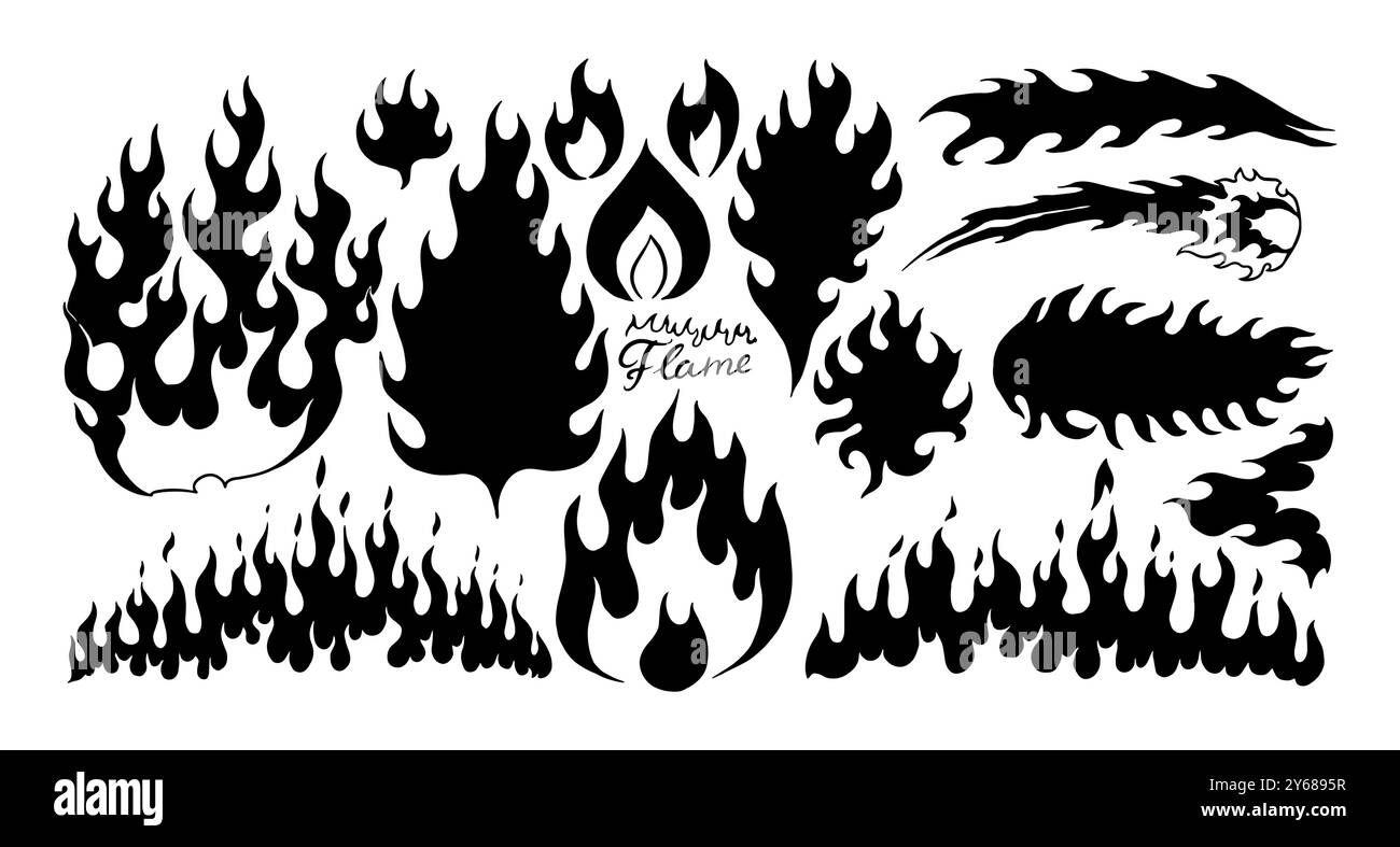 Set aus Silhouette, Flamme und Feuer im Vintage-Stil. Handgezeichnete Lagerfeuerskizze. Vektor-Clipart-Illustration. Skizze Linie und Tinte. Vintage-Style Stock Vektor