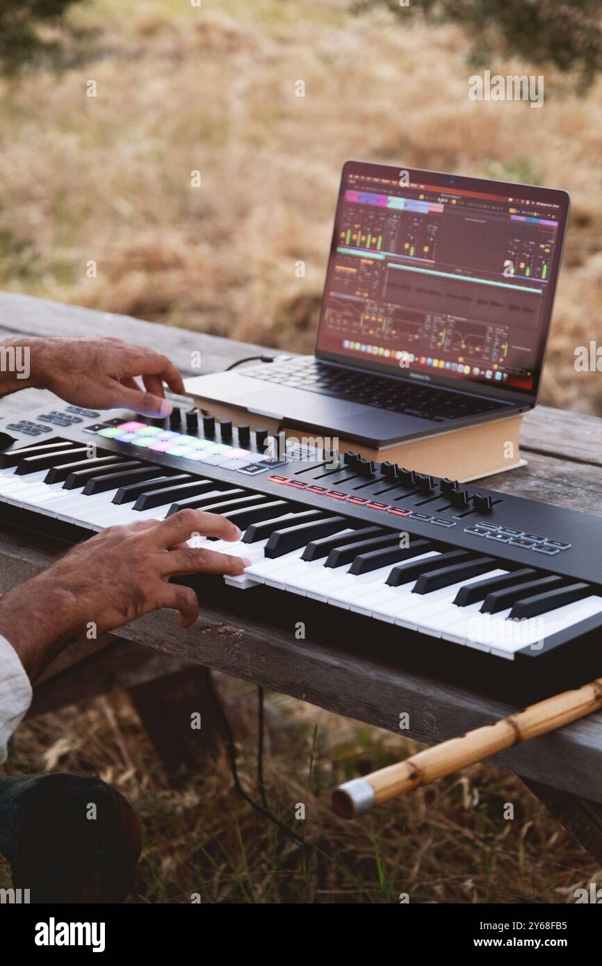 Ein Musiker in einem Olivenhain kreiert Musik mit Tastatur und Laptop. Die Outdoor-Szene verbindet Technologie mit Natur und erfasst die kreativen Prozesse Stockfoto