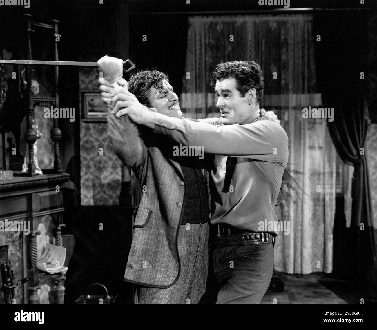 Robert Preston, Robert Ryan, am Set des Western-Films „Best of the Badmen“, RKO Radio Pictures, 1951 Stockfoto