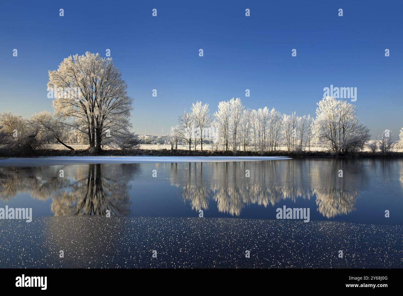 Halbgefrorener kleiner See im Winter, Saalearm, Bäume mit Schnee und Raureif am Ufer, Eiskristalle im Vordergrund, Unteres Saaletal nat Stockfoto