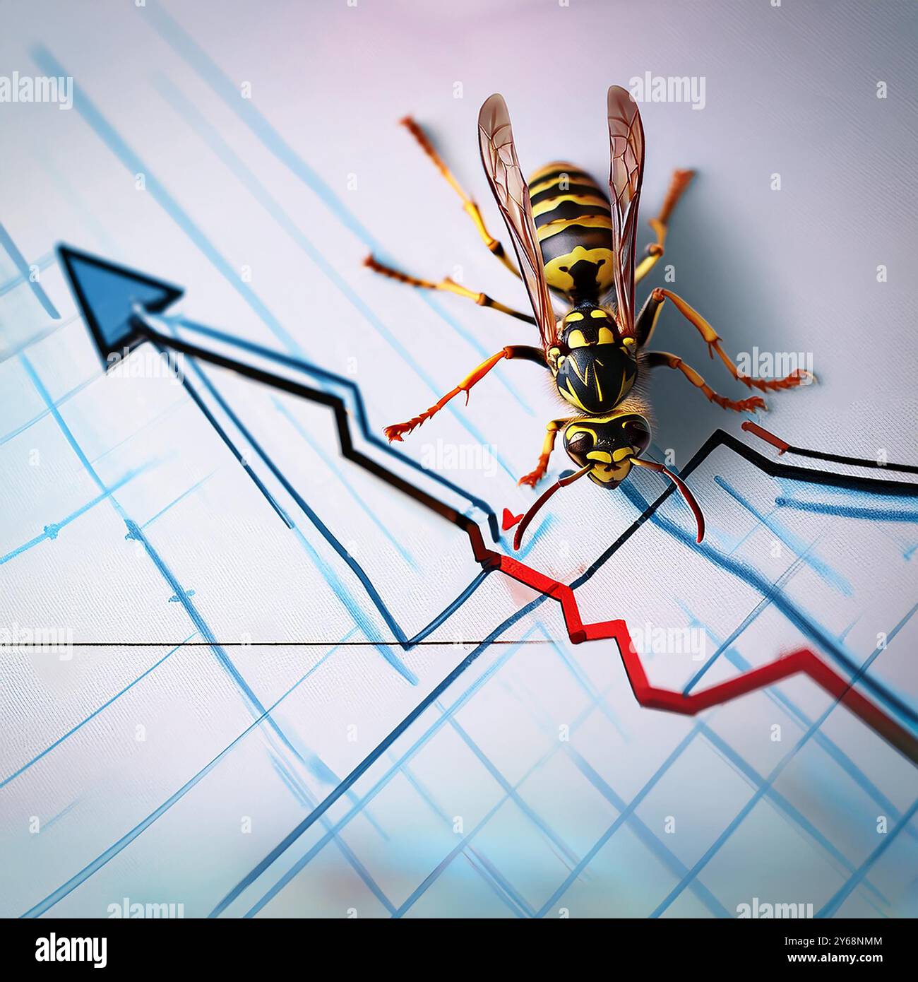 Der Finanzstich im Schwanz stellt eine Wespe auf einem Finanzchart dar, die potenzielle Risiken, unerwartete Verluste oder Gewinne auf den Finanzmärkten symbolisiert Stockfoto