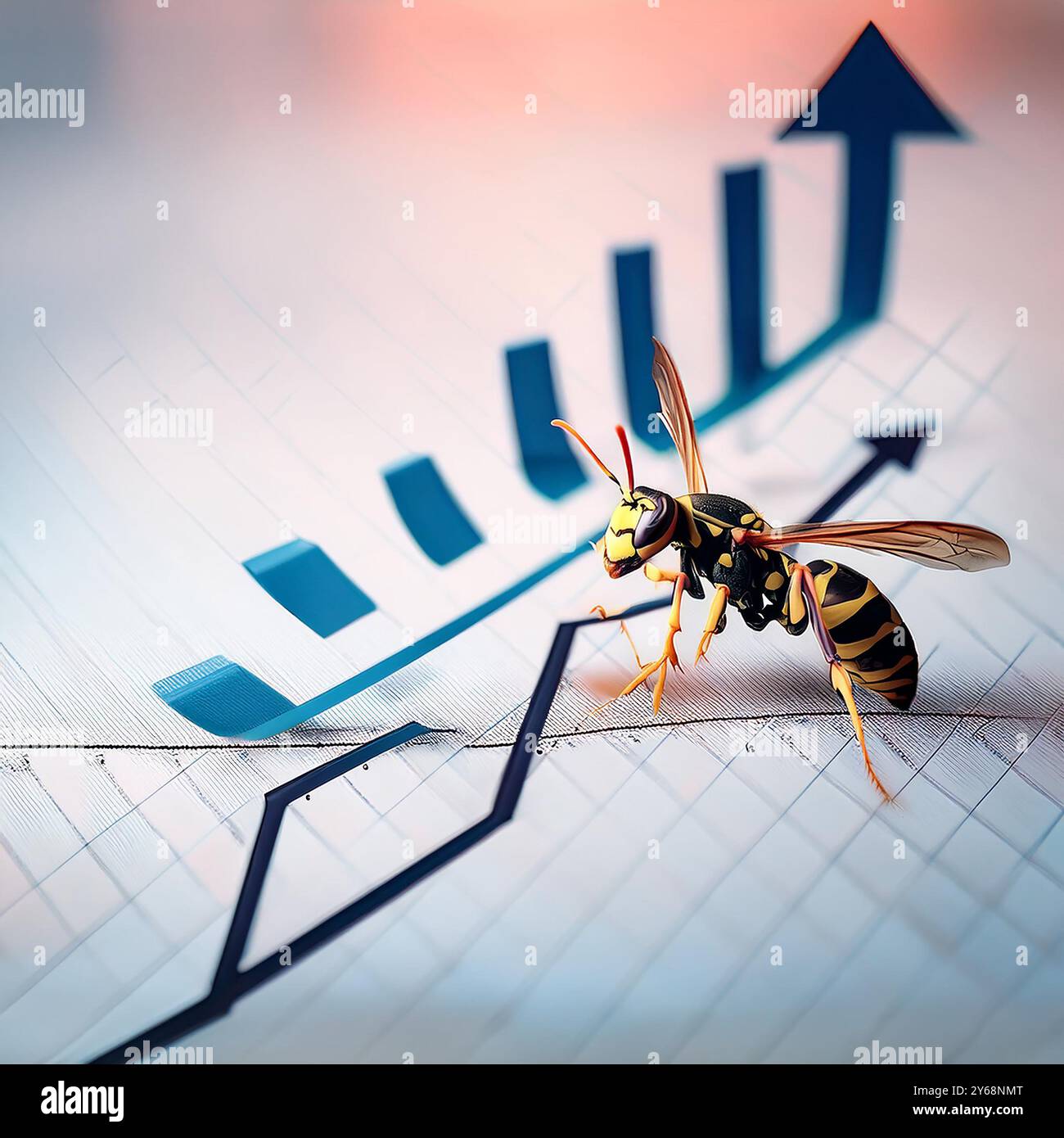 Der Finanzstich im Schwanz stellt eine Wespe auf einem Finanzchart dar, die potenzielle Risiken, unerwartete Verluste oder Gewinne auf den Finanzmärkten symbolisiert Stockfoto