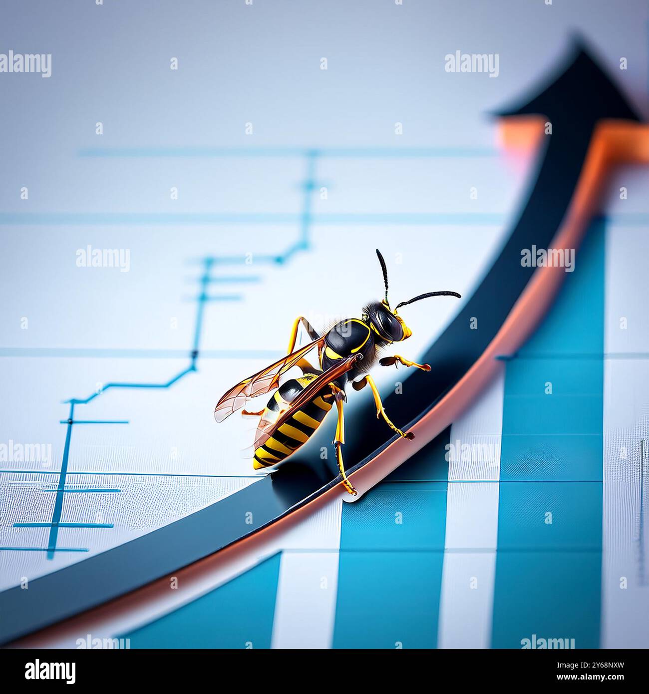 Der Finanzstich im Schwanz stellt eine Wespe auf einem Finanzchart dar, die potenzielle Risiken, unerwartete Verluste oder Gewinne auf den Finanzmärkten symbolisiert Stockfoto