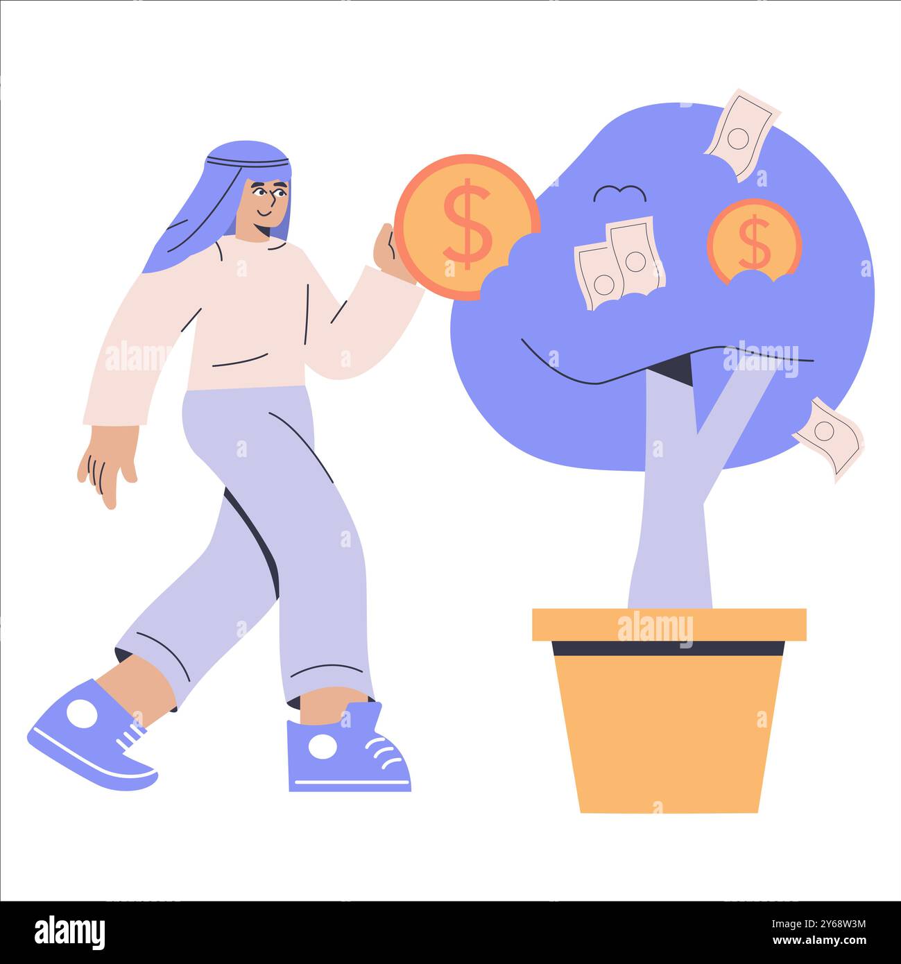 Investitionswachstumskonzept. Geschäftsmann pflegt einen Geldbaum, eine Metapher für finanziellen Erfolg und strategische Vermögensakkumulation. Vektorabbildung. Stock Vektor
