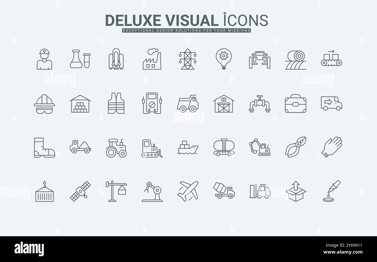Sicherheitsausrüstung und Werkzeugkasten von Arbeitern, Maschinen für die Schwerindustrie und Bau dünne schwarze Umrisssymbole Vektorillustration. Fertigung und Landwirtschaft, Symbole für die Raumfahrtforschung. Stock Vektor