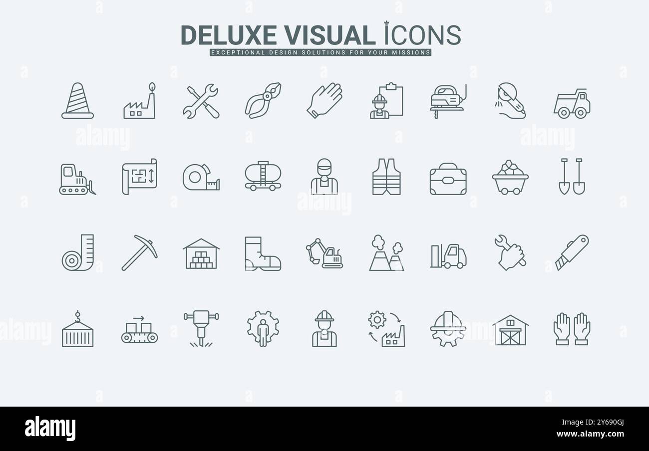 Arbeitskollektion von Helm und Weste, Handschuhe und Ausrüstung der Bauindustrie dünne schwarze Umrisssymbole Vektor-Illustration. Arbeitstag, Sicherheitsausrüstung und Werkzeuge von Arbeitern Symbolsatz gesetzt. Stock Vektor