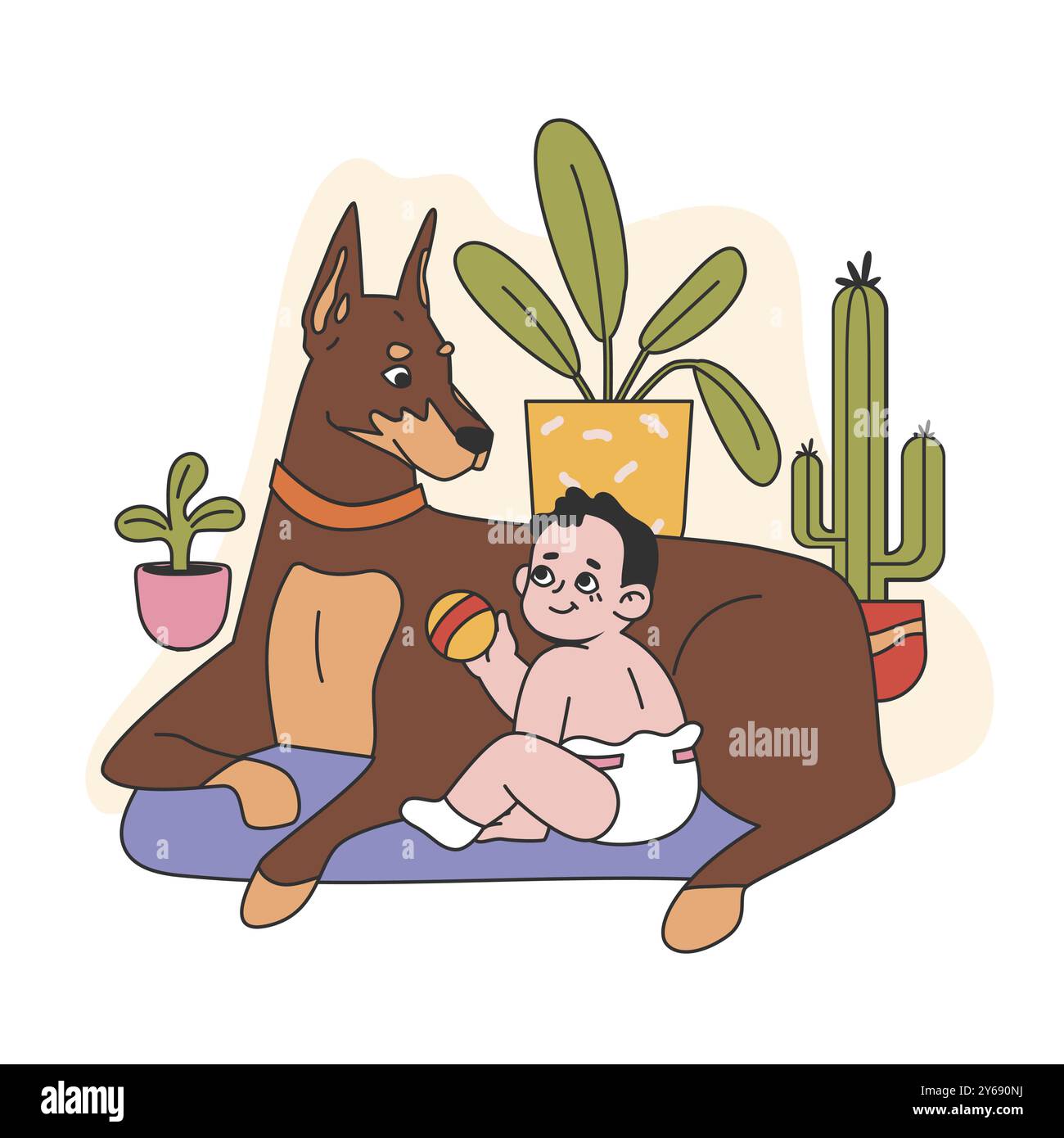 Kleiner Junge, der zusammen mit einem großen Hund sitzt. Haustier im Kragen, das sich um ein Kleinkind kümmert. Nette Freundschaft zwischen Tier und Haustierbesitzer. Kindheitsszene. Illustration des flachen Vektors Stock Vektor