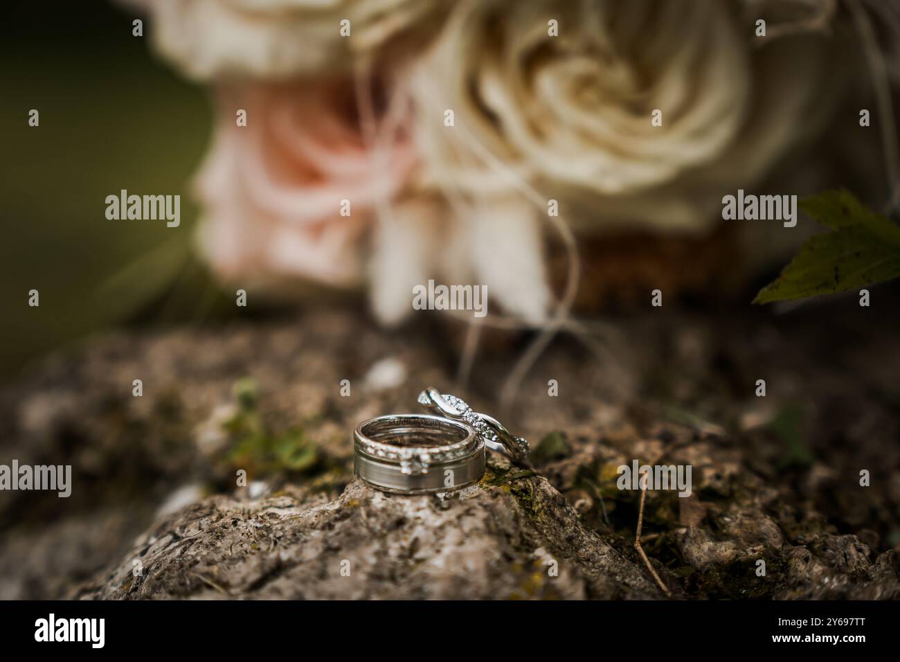 Elegante Eheringe auf strukturierter Steinoberfläche mit romantischem Blumenmotiv. Stockfoto