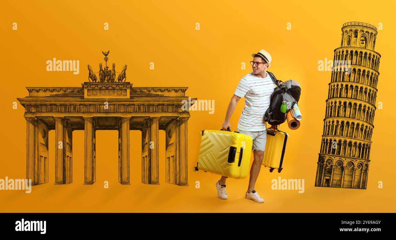 Glücklicher Mann mit Rucksack und Koffern auf orangem Hintergrund. Illustrationen des Brandenburger Tors und des Schiefen Turms von Pisa. Bannerdesign Stockfoto