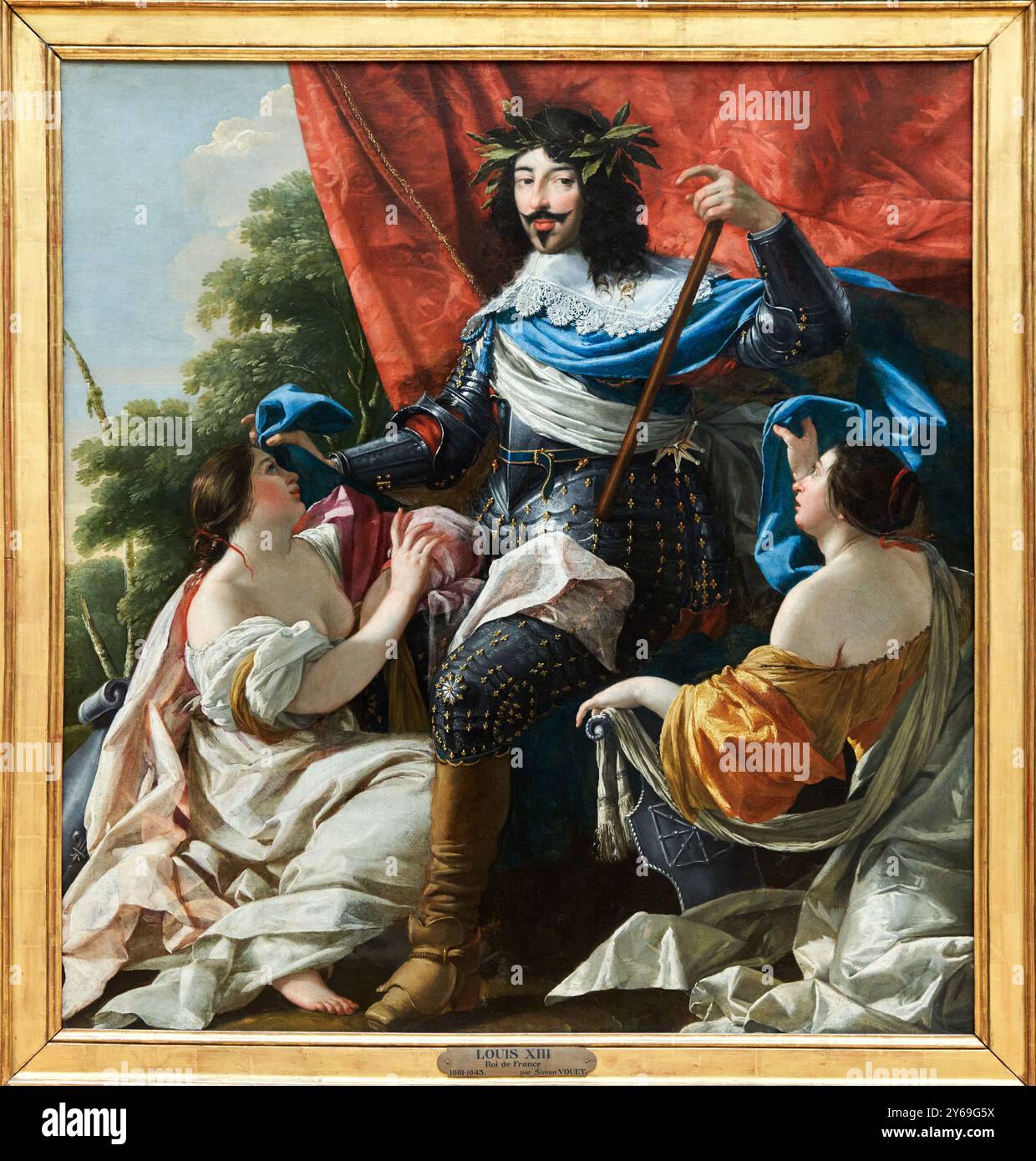 Ludwig XIII., König von Frankreich von 1610 bis 1643, zwischen den Allegorien von Frankreich und Navarra, Öl auf Leinwand, um 1636-1638, Simon VOUET, Paris, 1590 - Paris, 1649, Musée du Louvre, Paris, Frankreich. Stockfoto