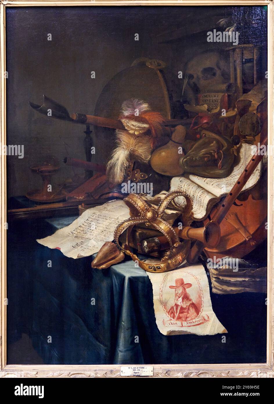 Vanitas still Life with a Royal Crown and the Portrait of King Karl I. of England, hingerichtet 1649, Oil on Canvas, After 1649?, Vincent Laurensz. Van de VINNE, Haarlem (Pays-Bas), 1628 - 1702, Musée du Louvre, Paris, Frankreich. Stockfoto