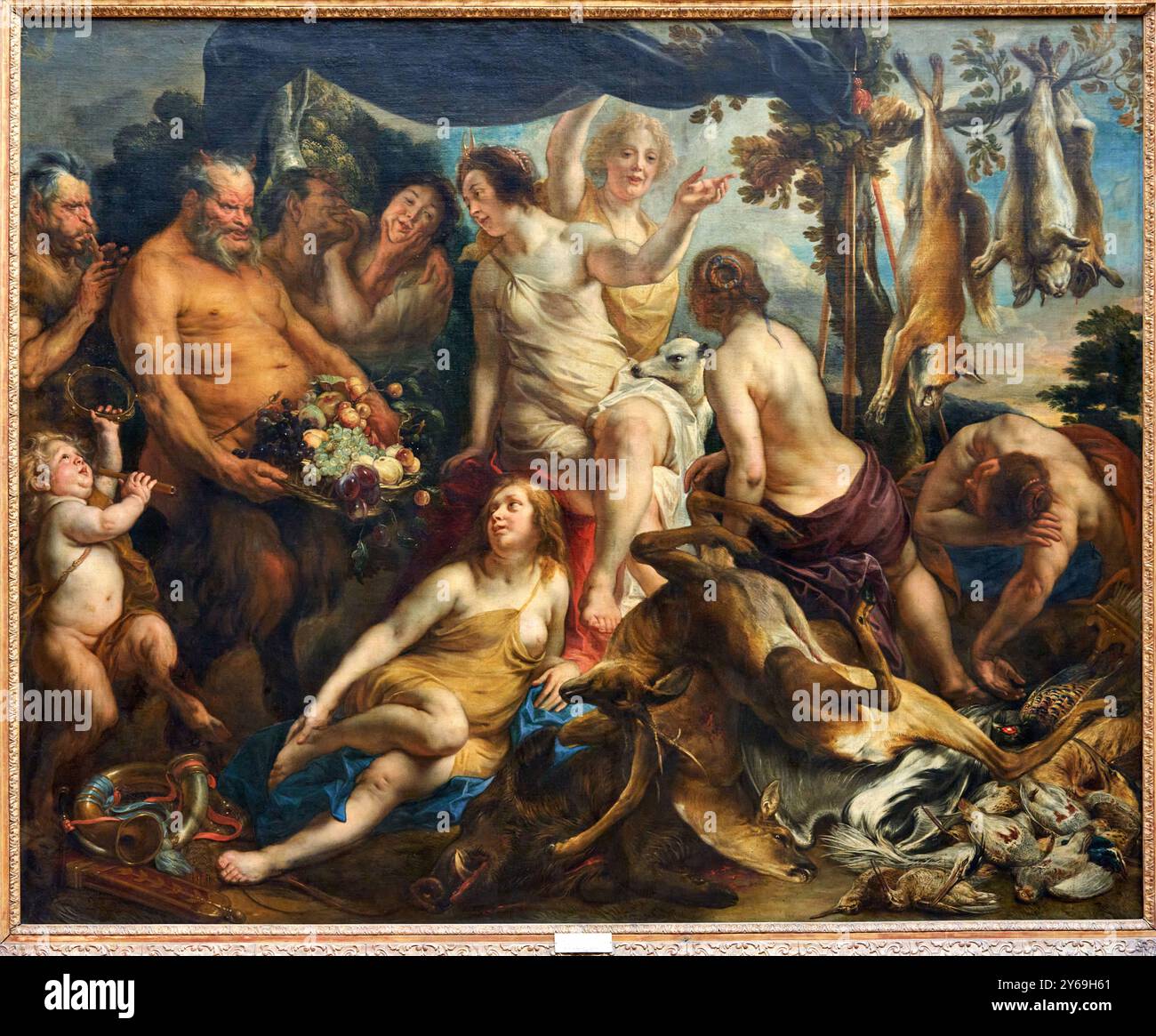 Die Göttin Diana, die nach der Jagd ruht, um 1640–1650, Öl auf Leinwand, Jacob JORDAENS, Anvers (Belgique), 1593 - Anvers, 1678, Musée du Louvre, Paris, Frankreich. Stockfoto