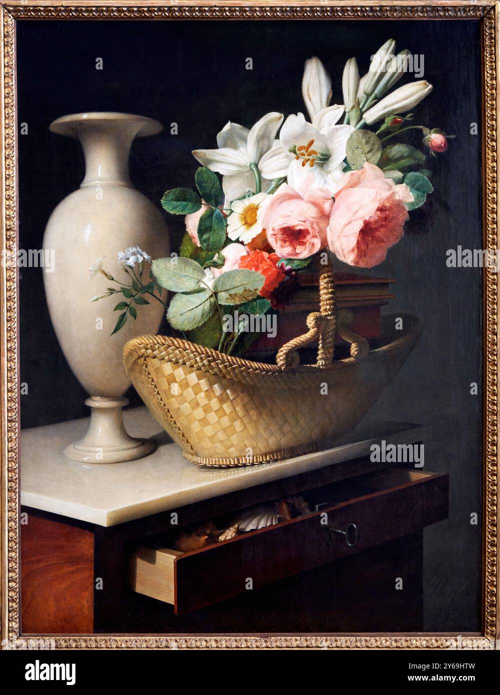 Blumenstrauß von Lilien und Rosen in einem Korb, ruhend auf einem Chiffonier, 1814, Salon of 1817, Öl auf Leinwand, Antoine BERJON, Lyon, 1754 - 1843, Musée du Louvre, Paris, Frankreich. Stockfoto