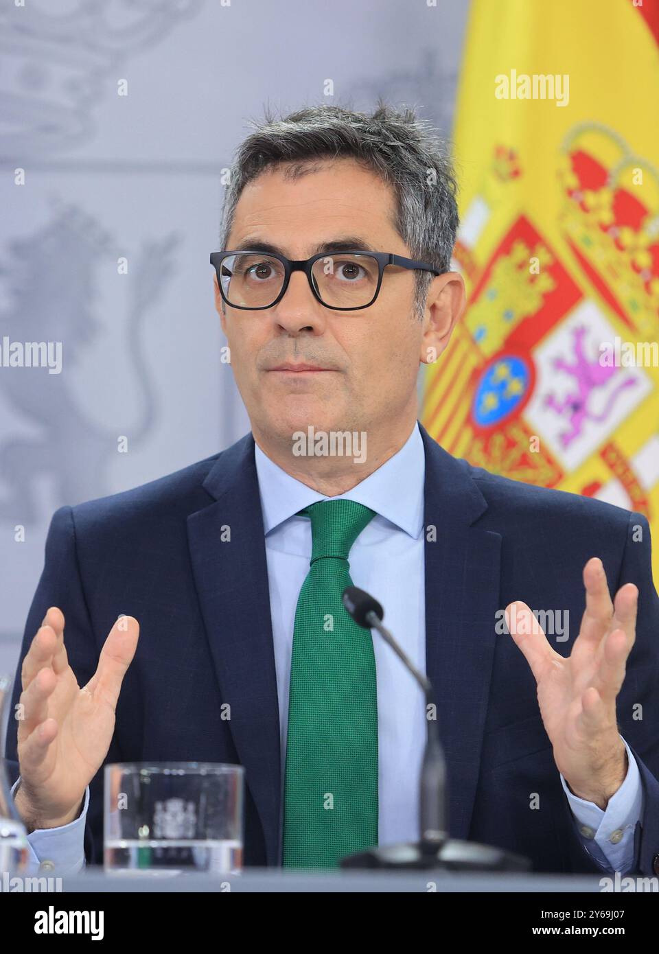 Madrid, 17.09.2024. Moncloa Palace. Pressekonferenz nach dem Ministerrat mit Minister Pilar Alegría, Minister für Justiz und Beziehungen zum Parlament, Félix Bolaños, Kulturminister Ernest Urtasun und Gleichstellungsministerin Ana Redondo. Foto: Jaime García. ARCHDC. Quelle: Album / Archivo ABC / Jaime García Stockfoto
