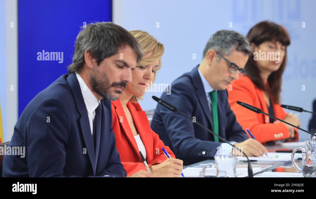 Madrid, 17.09.2024. Moncloa Palace. Pressekonferenz nach dem Ministerrat mit Minister Pilar Alegría, Minister für Justiz und Beziehungen zum Parlament, Félix Bolaños, Kulturminister Ernest Urtasun und Gleichstellungsministerin Ana Redondo. Foto: Jaime García. ARCHDC. Quelle: Album / Archivo ABC / Jaime García Stockfoto