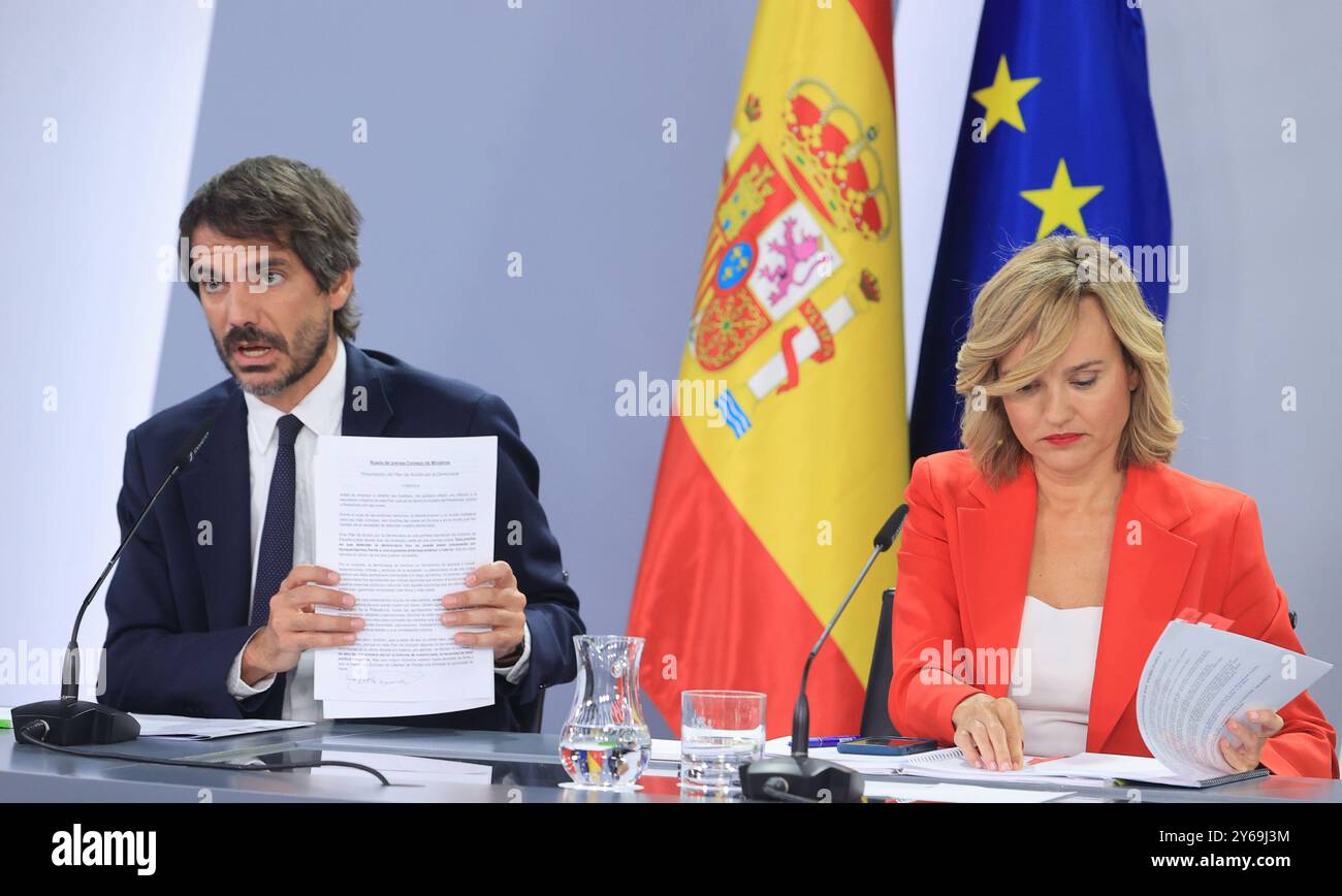 Madrid, 17.09.2024. Moncloa Palace. Pressekonferenz nach dem Ministerrat mit Minister Pilar Alegría, Minister für Justiz und Beziehungen zum Parlament, Félix Bolaños, Kulturminister Ernest Urtasun und Gleichstellungsministerin Ana Redondo. Foto: Jaime García. ARCHDC. Quelle: Album / Archivo ABC / Jaime García Stockfoto