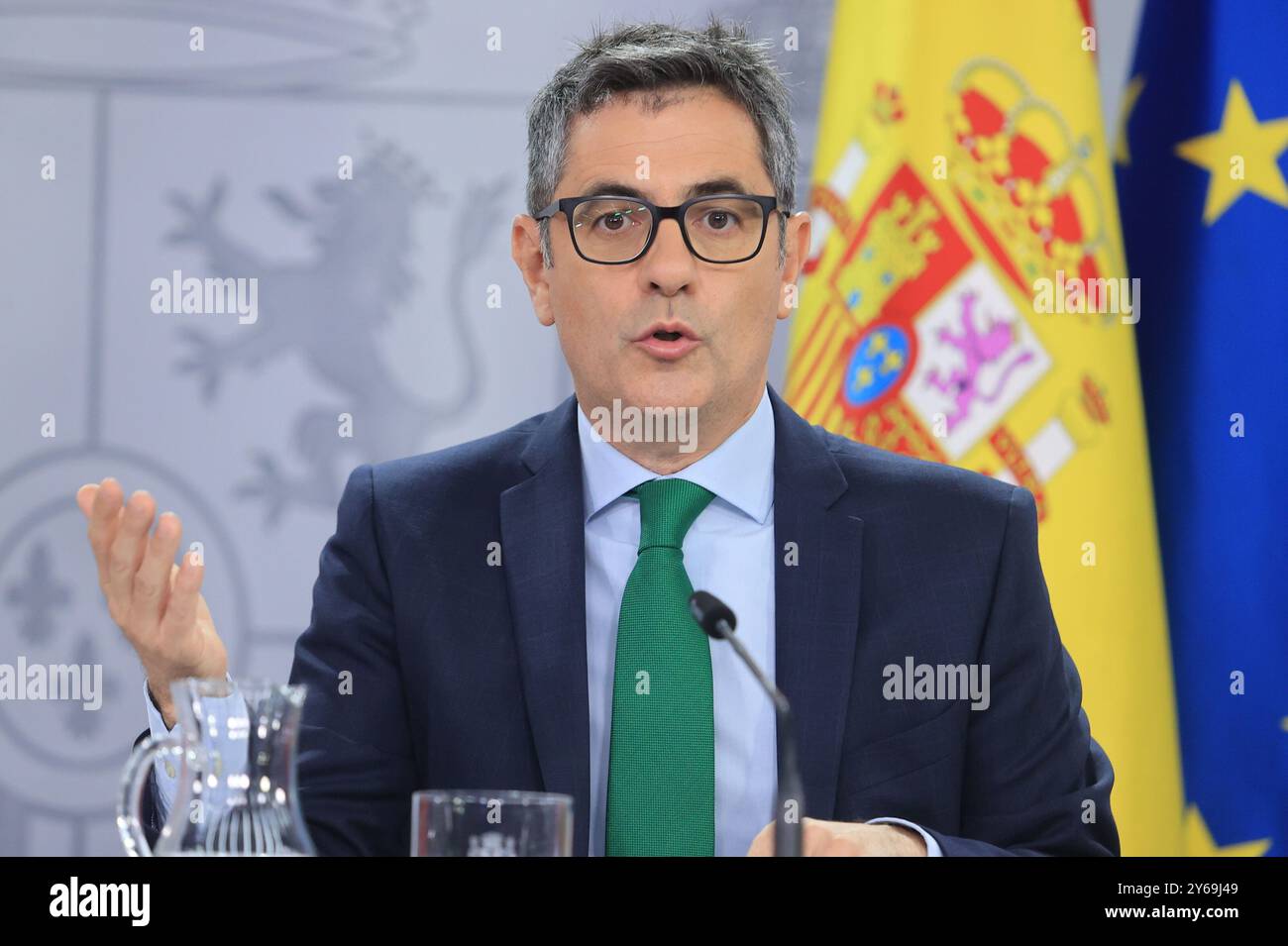 Madrid, 17.09.2024. Moncloa Palace. Pressekonferenz nach dem Ministerrat mit Minister Pilar Alegría, Minister für Justiz und Beziehungen zum Parlament, Félix Bolaños, Kulturminister Ernest Urtasun und Gleichstellungsministerin Ana Redondo. Foto: Jaime García. ARCHDC. Quelle: Album / Archivo ABC / Jaime García Stockfoto