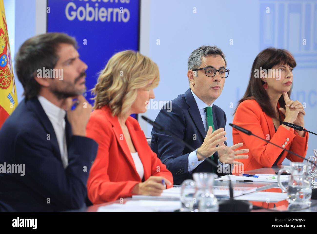 Madrid, 17.09.2024. Moncloa Palace. Pressekonferenz nach dem Ministerrat mit Minister Pilar Alegría, Minister für Justiz und Beziehungen zum Parlament, Félix Bolaños, Kulturminister Ernest Urtasun und Gleichstellungsministerin Ana Redondo. Foto: Jaime García. ARCHDC. Quelle: Album / Archivo ABC / Jaime García Stockfoto