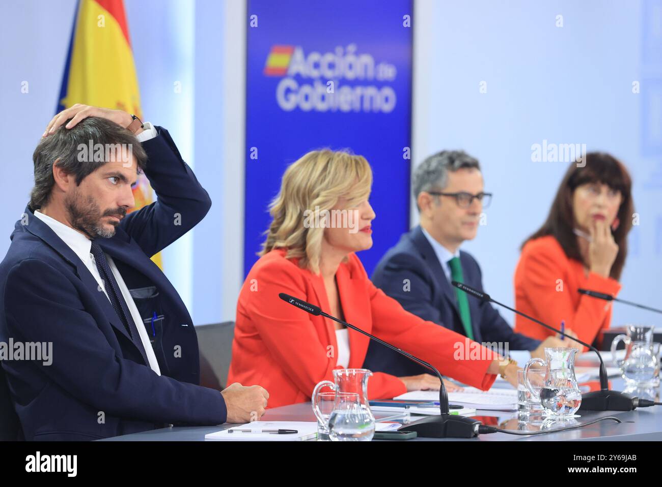 Madrid, 17.09.2024. Moncloa Palace. Pressekonferenz nach dem Ministerrat mit Minister Pilar Alegría, Minister für Justiz und Beziehungen zum Parlament, Félix Bolaños, Kulturminister Ernest Urtasun und Gleichstellungsministerin Ana Redondo. Foto: Jaime García. ARCHDC. Quelle: Album / Archivo ABC / Jaime García Stockfoto