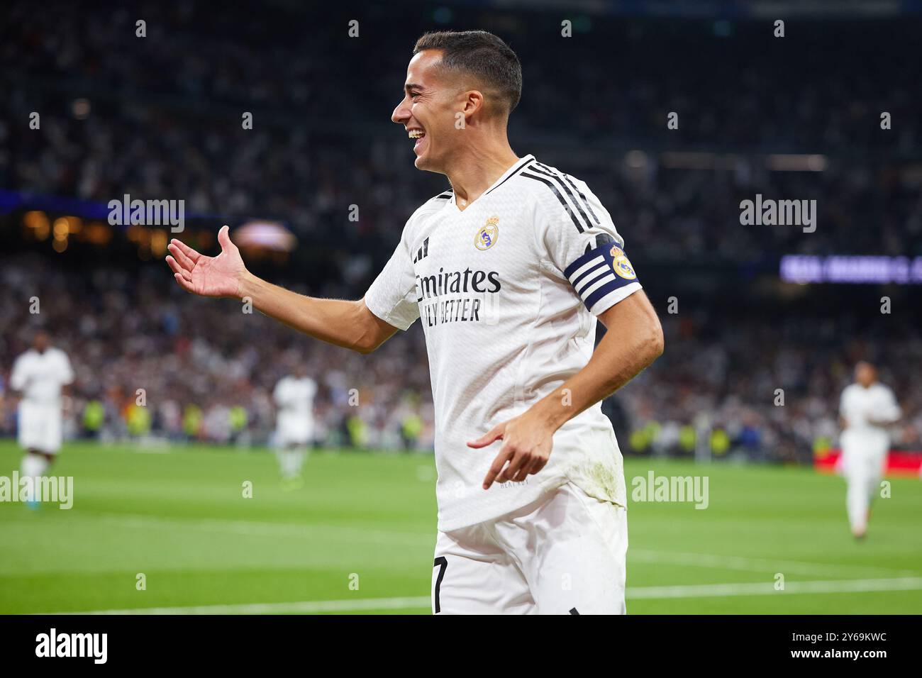 MADRID, SPANIEN - 24. SEPTEMBER: Lucas Vazquez von Real Madrid feiert, nachdem er beim LaLiga-Spiel zwischen Real Madrid CF und Deportivo Alaves am 24. September 2024 im Estadio Santiago Bernabeu in Madrid das erste Tor seiner Mannschaft erzielt hat. (Foto: QSP) Guthaben: QSP/Alamy Live News Stockfoto