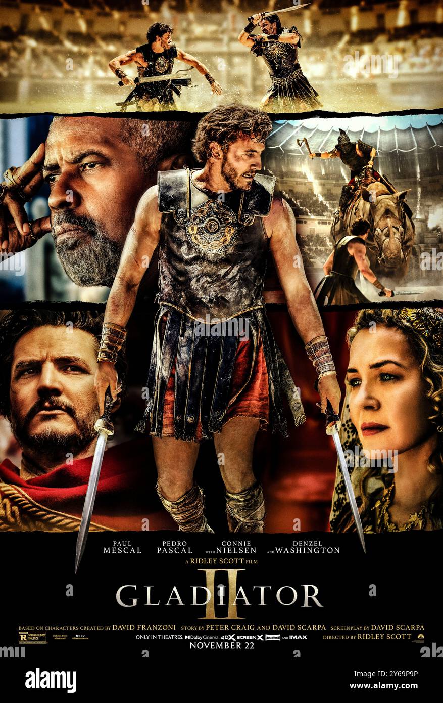 Gladiator II (2024) von Ridley Scott mit Joseph Quinn, Connie Nielsen und Paul Mescal. Nachdem seine Heimat von den tyrannischen Kaisern erobert wurde, die heute Rom führen, ist Lucius gezwungen, das Kolosseum zu betreten und muss auf seine Vergangenheit schauen, um Kraft zu finden, um den Ruhm Roms seinem Volk zurückzugeben. US-Poster mit einem Blatt ***NUR FÜR REDAKTIONELLE ZWECKE***. Quelle: BFA / Paramount Pictures Stockfoto